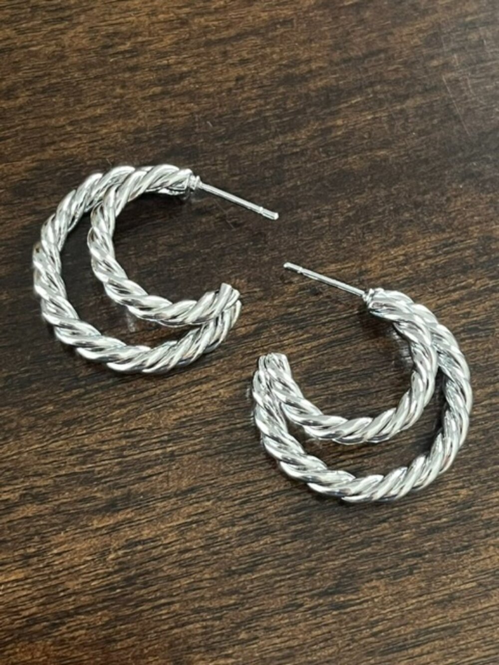 Double Rope Twist Half Hoop Post Earrings Silver Tone